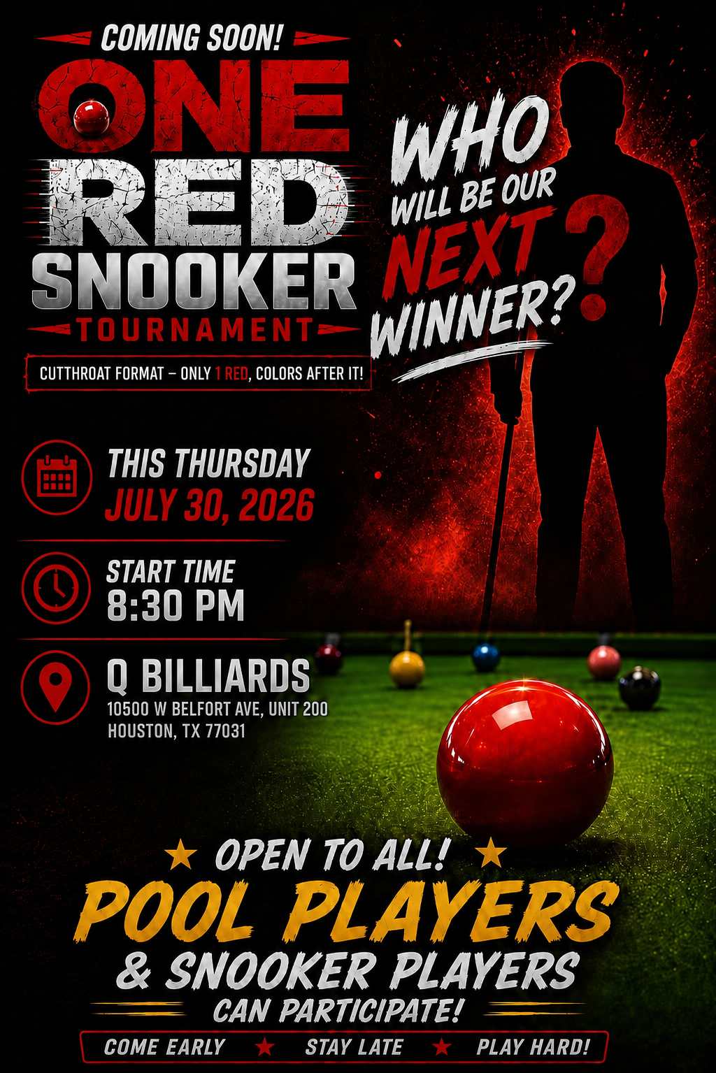 Q Billiards Arena weekly One-Red snooker tournament